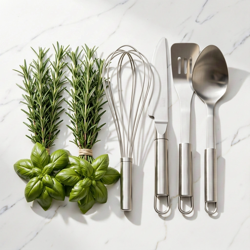 Utensilios de cocina y hierbas frescas